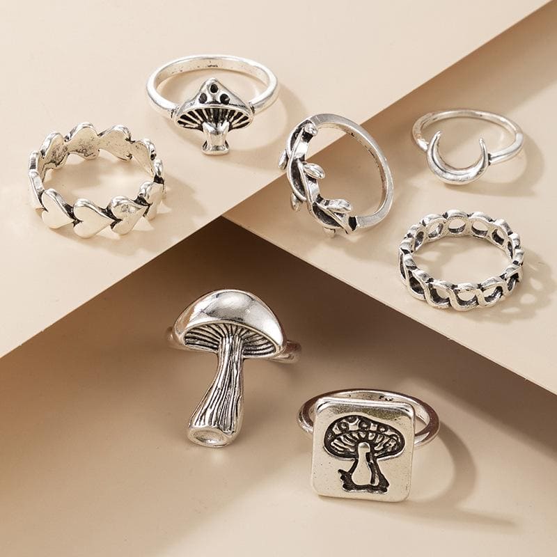 Set Of 7 Vintage Goth Mushroom Rings For Women, Mushroom Heart Leaves Rings, Stackable Finger Rings, Midi Rings For Women Fashion Jewellery Set Of 7 Vintage Goth Mushroom Rings For Women, Mushroom Heart Leaves Rings, Stackable Finger Rings, Midi Rings For Women Fashion Jewellery